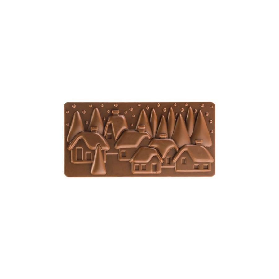 Polykarbonátová forma na tabuľkovú čokoládu 275x175 mm, Xmas Village  - PAVONI