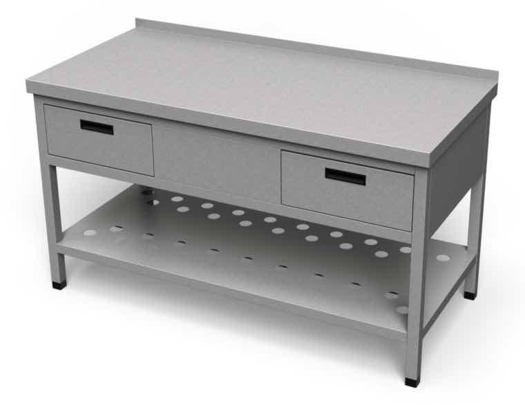 Nerezový pracovný stôl s 2 zásuvkami a dierovanou policou - ALVEX