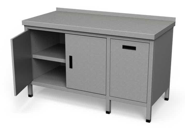 Nerezový pracovný stôl so skrinkou s kridlovými dvermi a výklopným košom - ALVEX