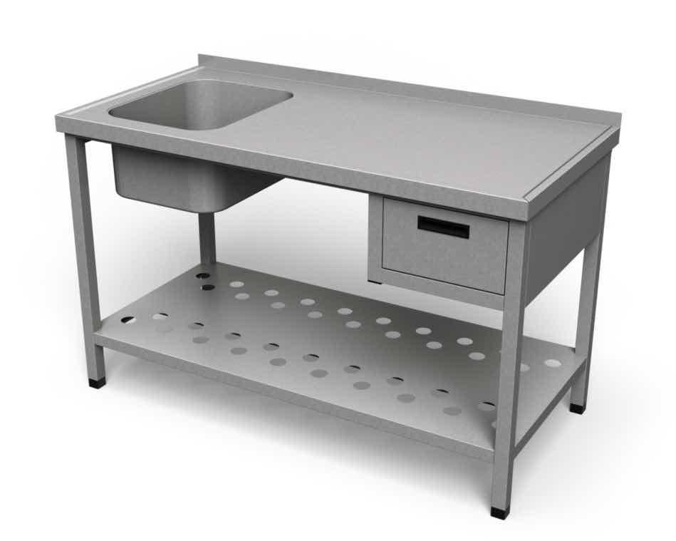 Nerezový umývací stôl so zásuvkou a dierovanou policou - ALVEX
