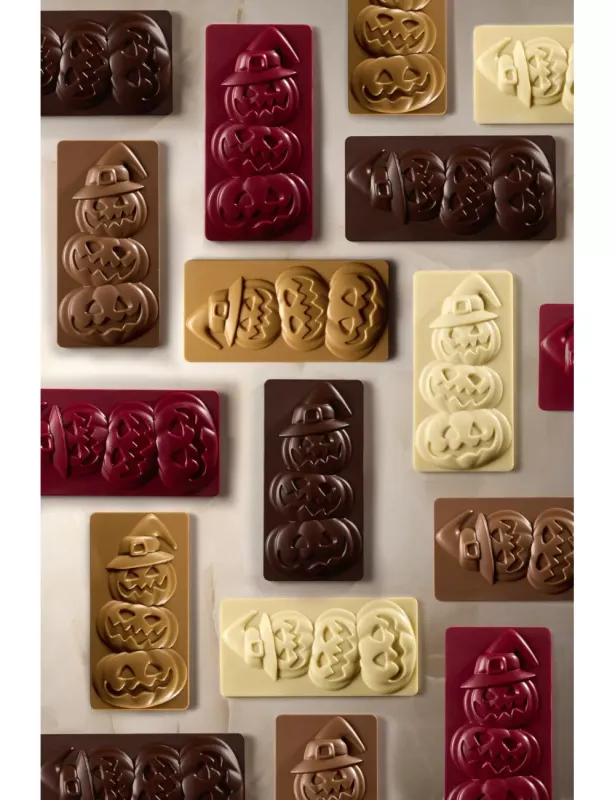 Polykarbonátová forma na tabuľkovú čokoládu 275x175 mm, HALLOWEEN FRIENDS  - PAVONI