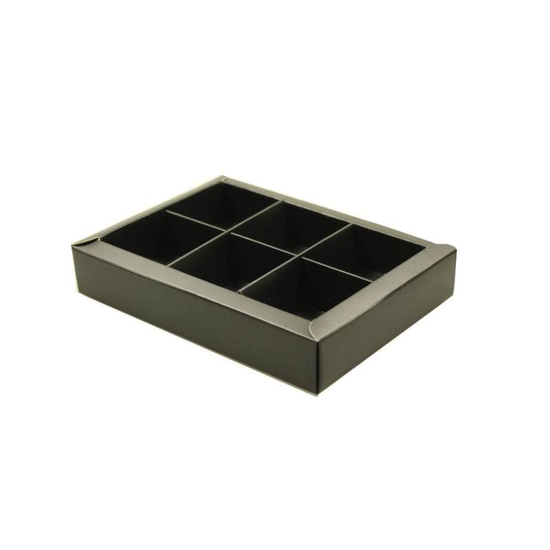 Krabička na 6 ks praliniek s okienkami, čierna  – PASTRYMARKET
