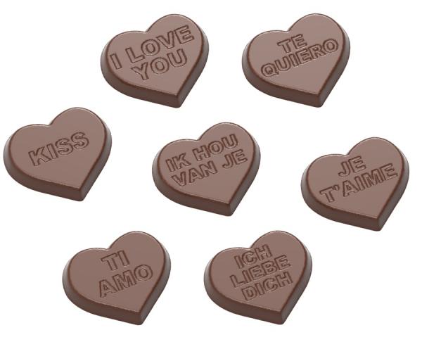 Polykarbonátová forma na pralinky, srdce s nápisom, 275x135 mm - CHOCOLATE WORLD