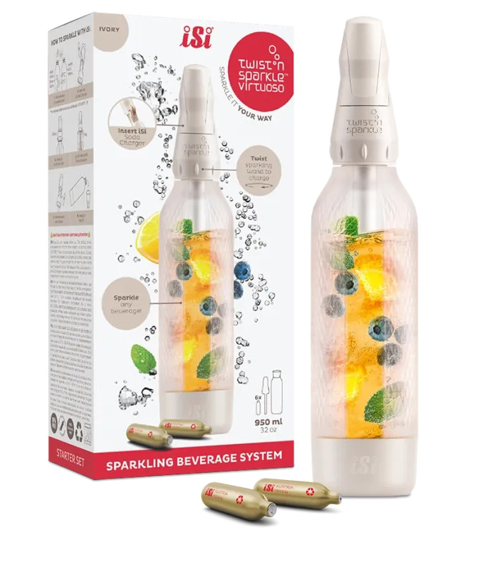 Fľaša na výrobu sódy a nápojov Twist‘n Sparkle Virtuoso Starter set, Ivory – iSi