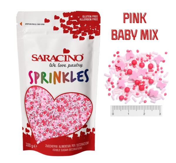 Cukrový posyp Sprinkles, PINK BABY MIX 100g – SARACINO